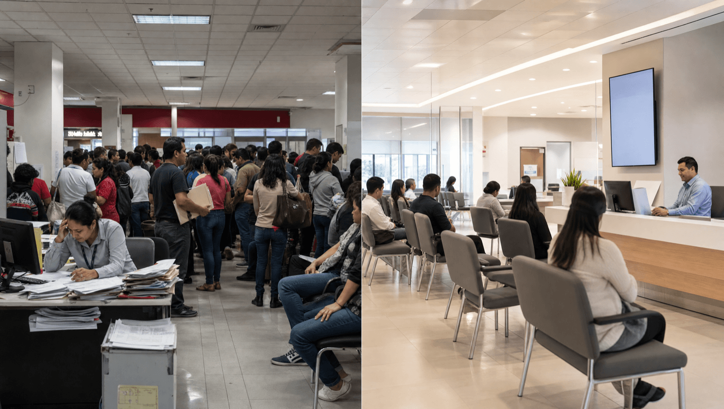 Left: crowded chaotic waiting area without queue management. Right: organized calm service center with LineUp.