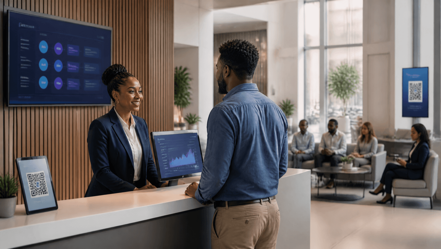 Professional service center with digital queue management dashboard