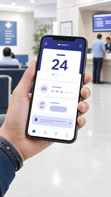 LineUp mobile queue tracking app on phone — showing ticket number 24 in hospital setting