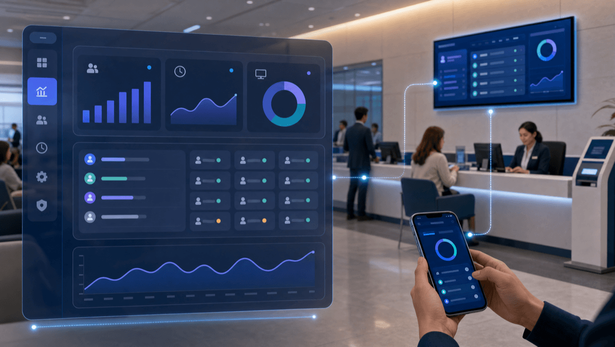 LineUp platform overview — dashboard connected to mobile queue view and service center environment