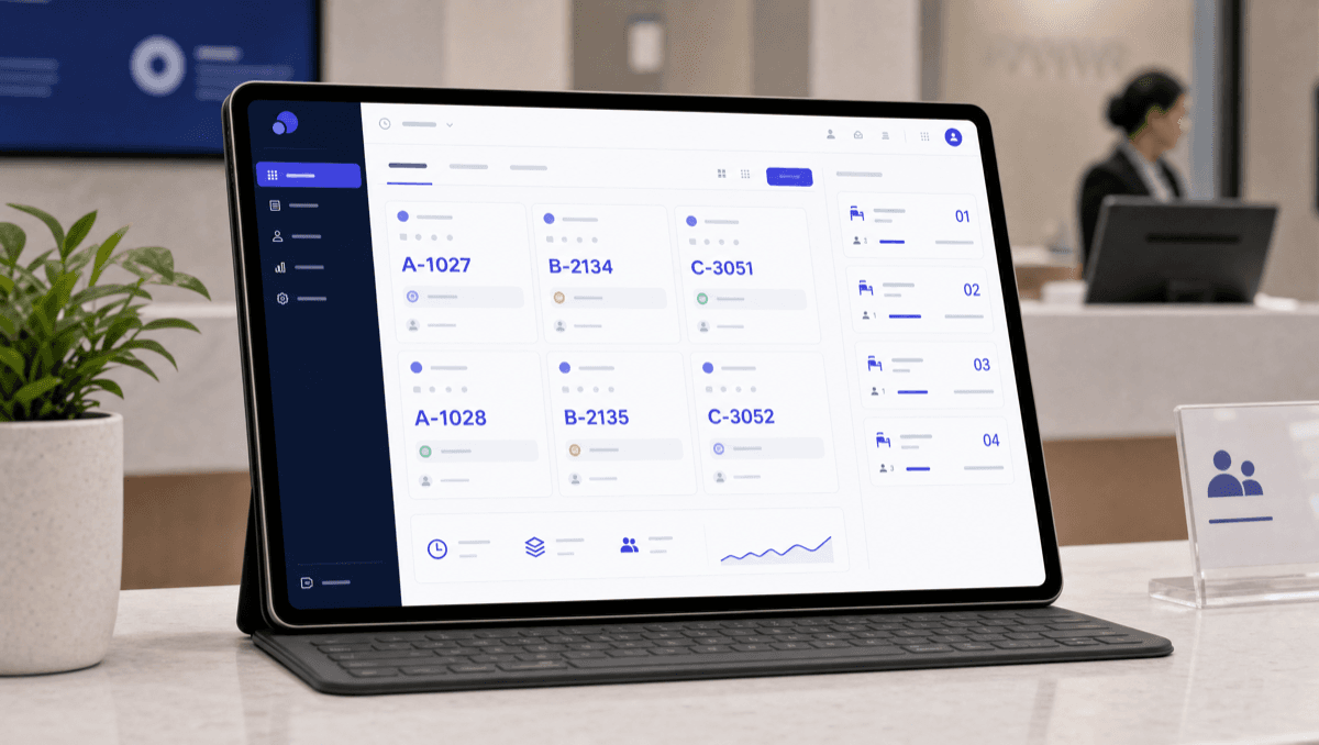 LineUp staff queue management console on tablet — showing organized ticket queue with service points
